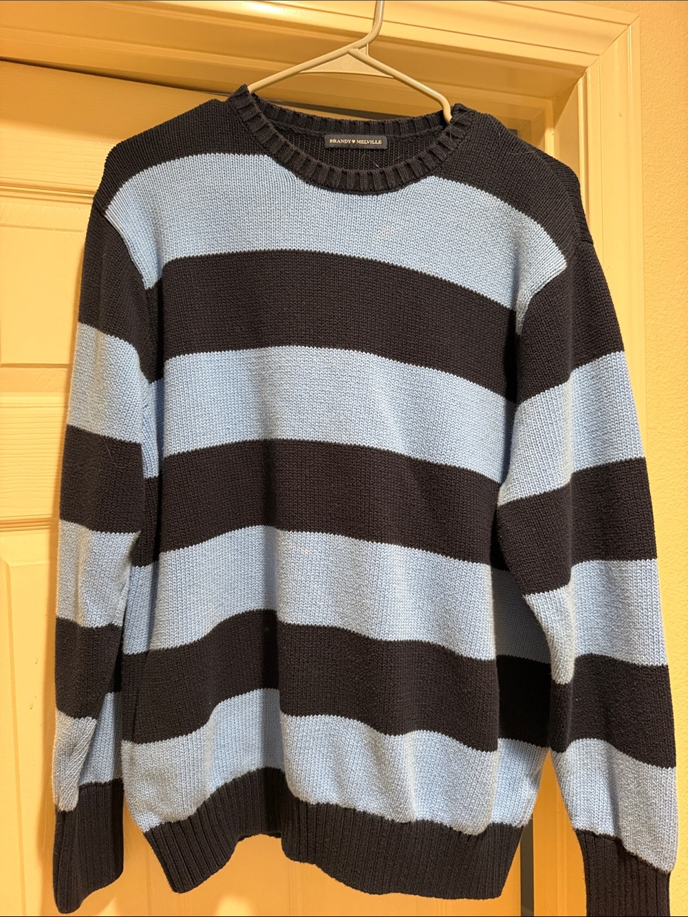 Brandy Melville navy and Light Blue Striped Crewneck Sweater
